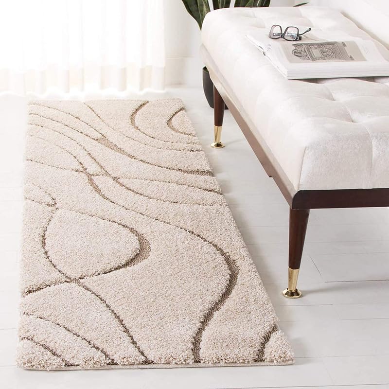 Image of FIASCO Shaggy Carpet Bedside Runner | 2 Inch Pile Height Back in Canvas for Bedroom, Kids Room, Guest Room | Area Rug Microfiber Soft Plush Fluffy Shaggy Carpet | 2x6 Feet Ivory & Beige