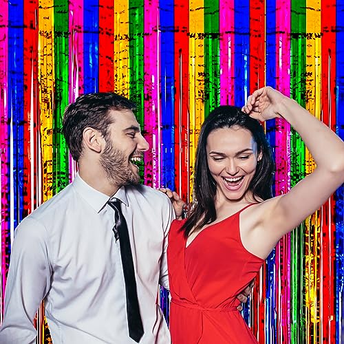 Image of Voircoloria 4 Pack 3.3x8.2 Feet Rainbow Foil Fringe Backdrop Curtains, Tinsel Streamers Birthday Party Decorations, Fringe Backdrop for Graduation, Baby Shower, Gender Reveal, Disco Party