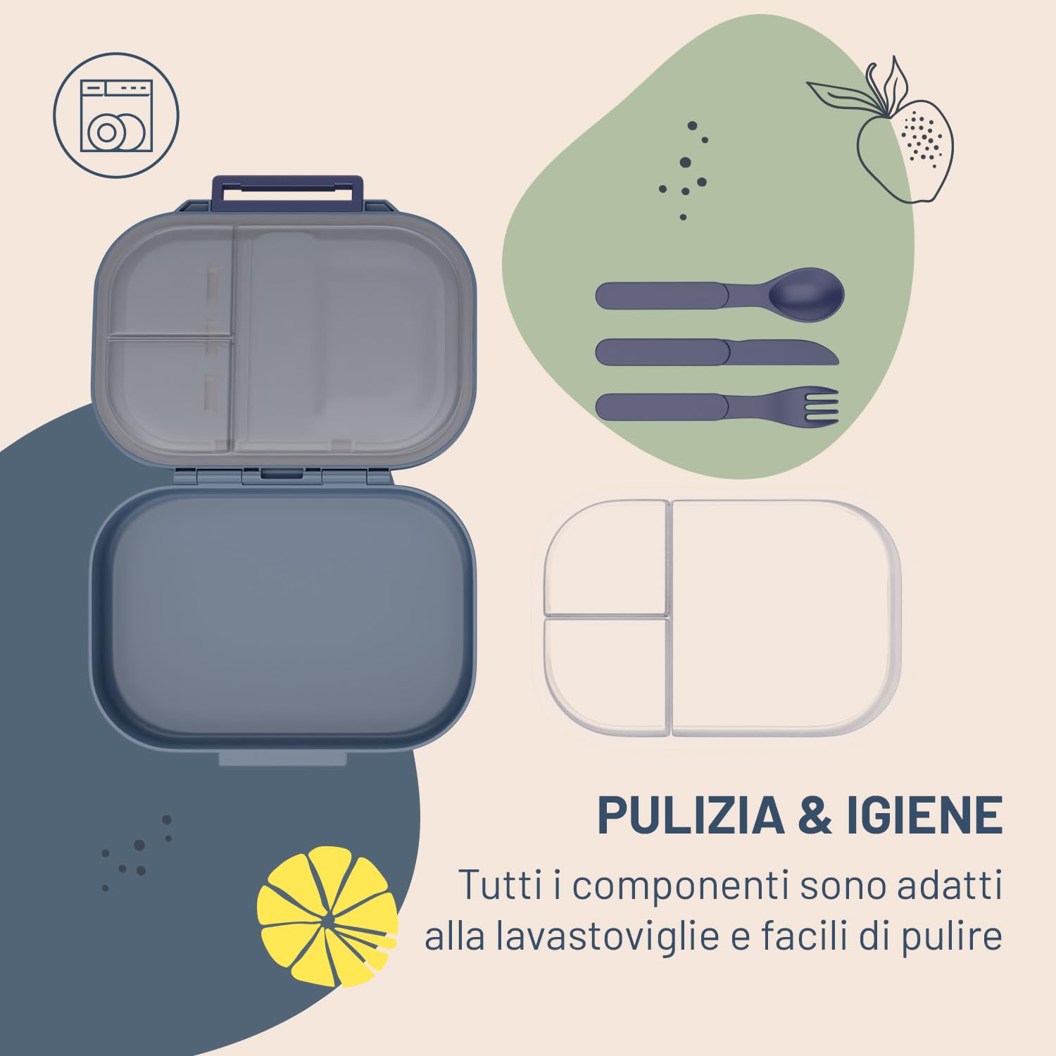 Klarstein Schmatzfatz - Portapranzo Ermetico, Lunch Box Con 3 Scomparti, Tritan Senza BPA, Lavabile In Lavastoviglie, Include Le Posate, Design Colorato, Blu Porcellana, Compatto & Portatile