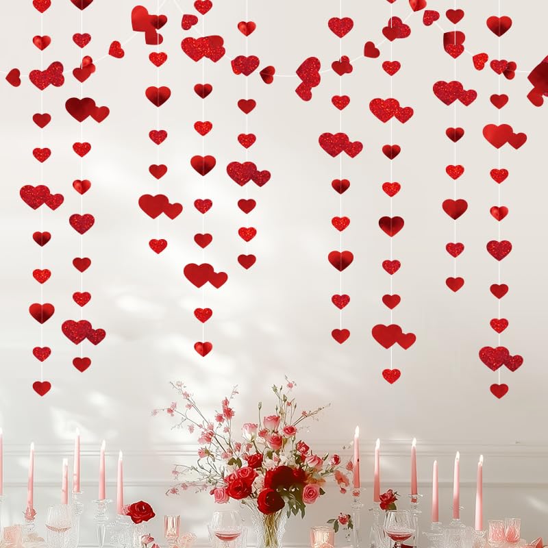 Image of Red Heart Garland Hanging Sparkling Love Streamer Glitter Bunting Banner Twinkle Heart Backdrop for Wedding Engagement Valentines Galentines Birthday Party Decor 40 Feet