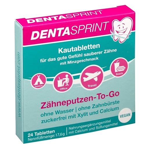 DENTASPRINT® I 24 Zahnputztabletten I ohne Zahnbürste, ohne Zahnpasta, ohne Wasser - Zähneputzen-To-Go I vegan I zuckerfrei I Kautabletten