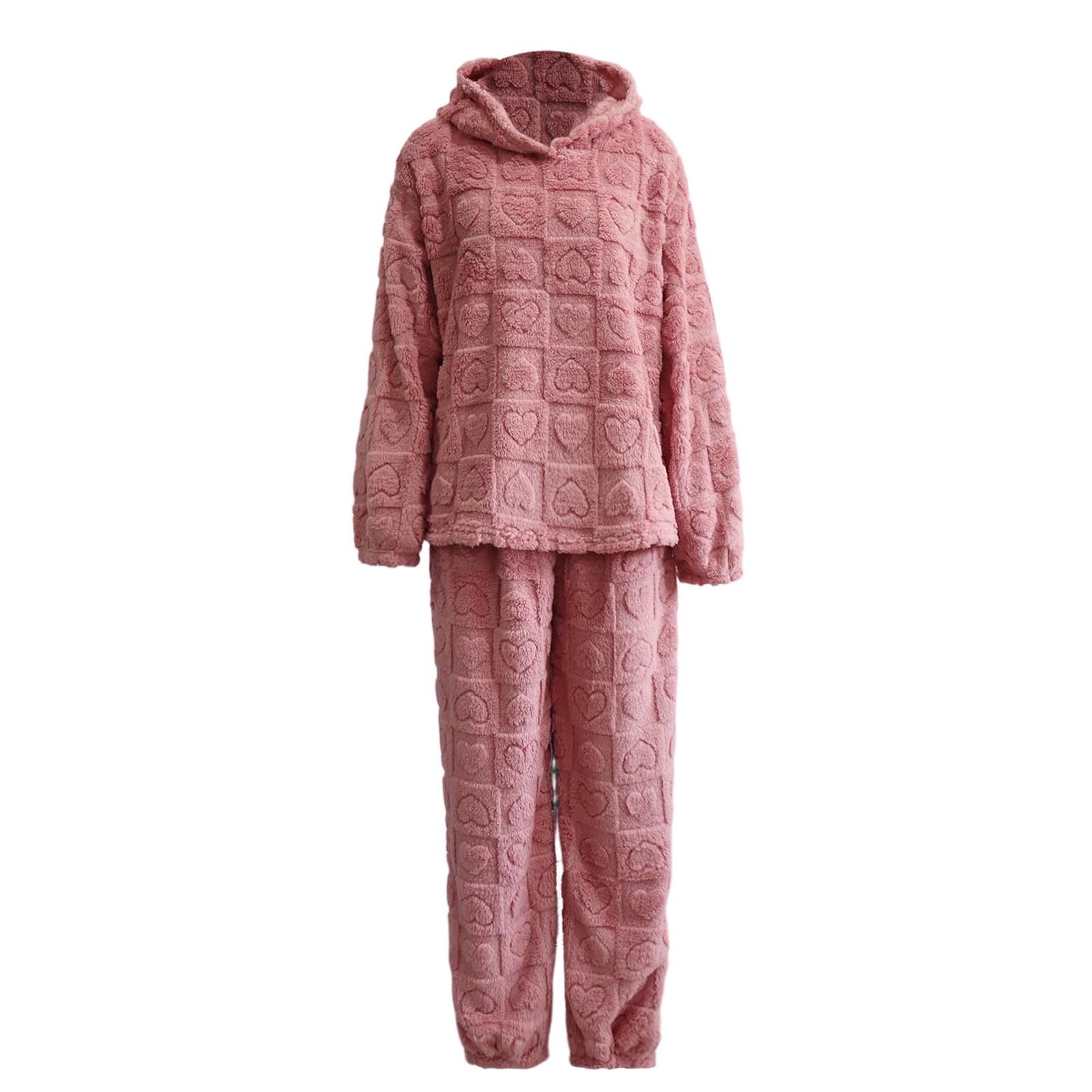 Generisch Pijama largo de franela para mujer, con forro polar, térmico, de manga larga, de rizo, de dos piezas, ropa de dormir cómoda con orejas adorables