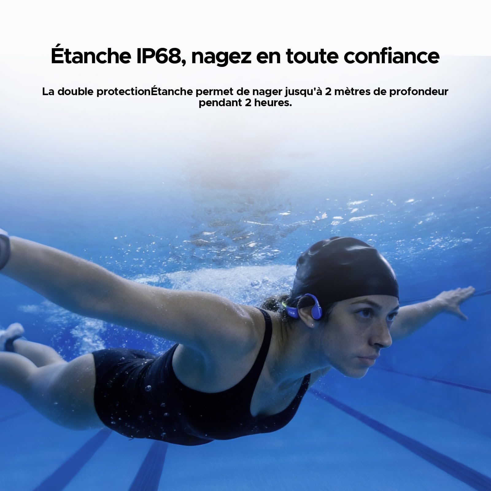 Casque à Conduction Osseuse, Écouteur Natation IP68 Casque Bluetooth sans Fil, 32 Go de Stockage, 10 Heures d'autonomie, BT6.0 Mode MP3, Idéal pour Le Vélo, la Natation et Le Fitness