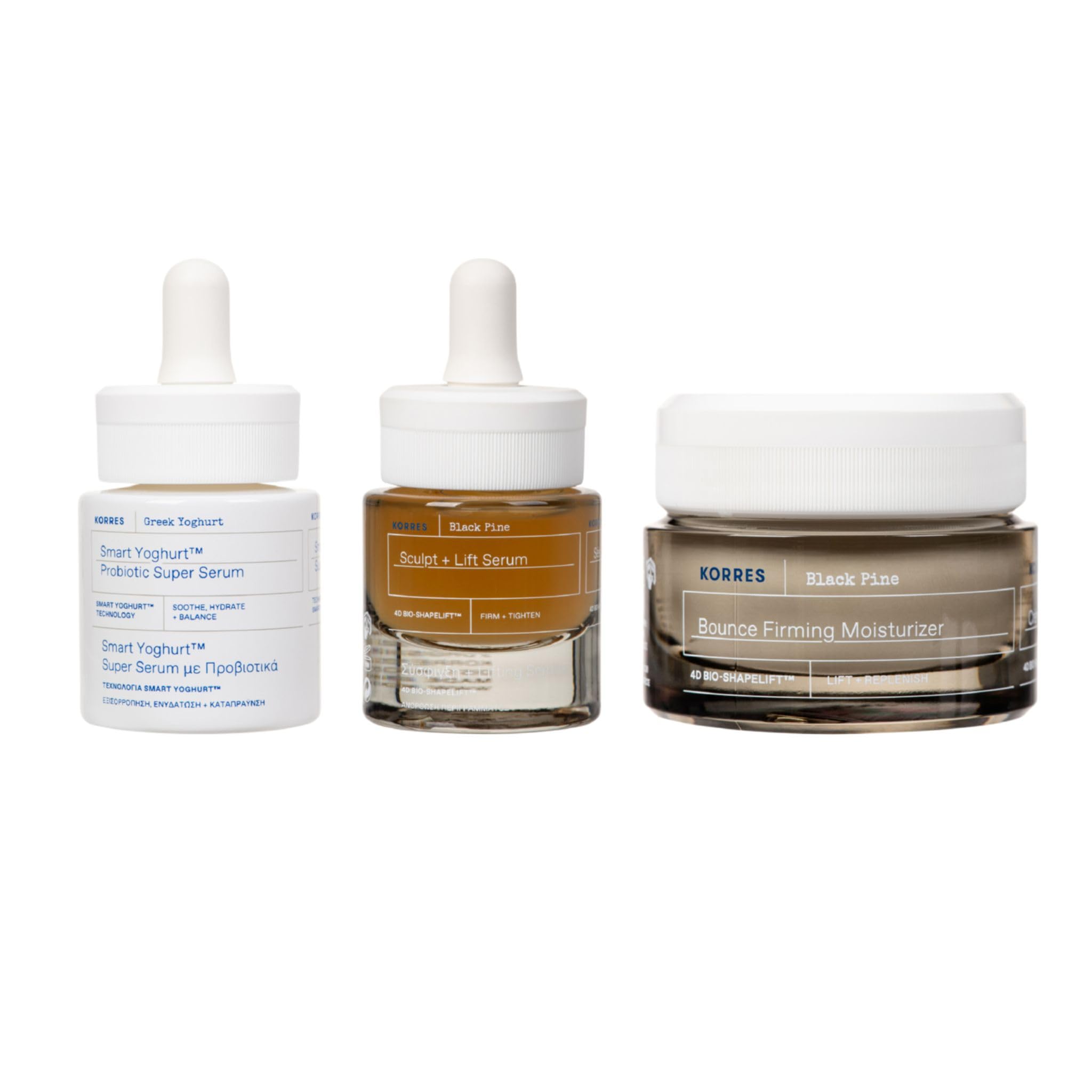 KORRES BLACK PINE Anti-Aging Pflege – Expert Trio Set, ab 45, Vorteilsset mit Creme 40ml, Serum 15ml & SMART YOGHURT™ Serum 15ml für straffere Haut, reduzierte Falten und ein glattes Hautbild
