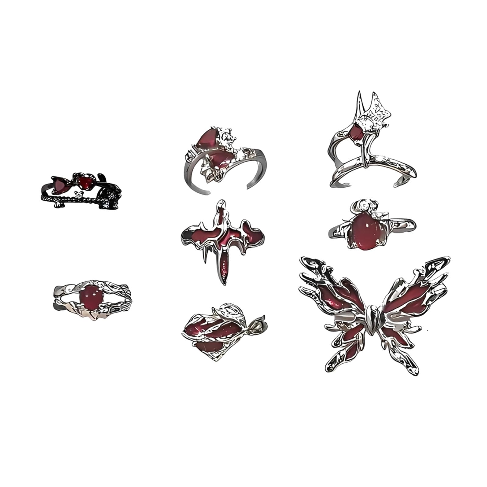 ffzdena Gothic Jewellery Rings, Punk Style Accessories for Music Concerts and Goth Fashion, Alloy Red Butterfly Heart Design 8-Piece Set, Rings for Man and Women-picture-43