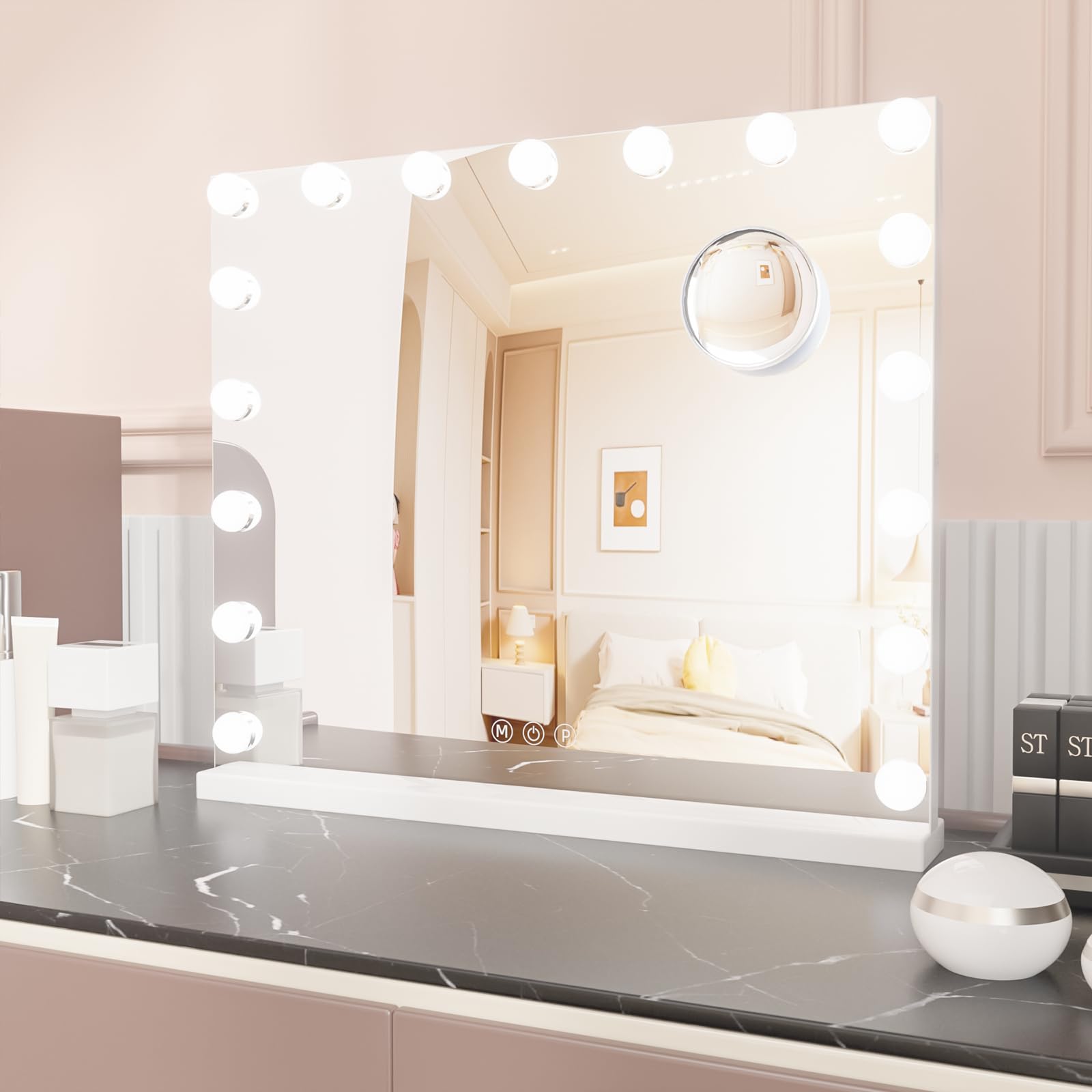 Hibtn Hollywood Vanity Mirror With Lights,50×60cm Lighted Makeup Mirror with 17 Dimmable Led Bulbs,Touchscreen Control,Tabletop,Wall Mounted,10X Magnifying White