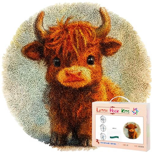 Latch Hook Rug Kit Cute Highland Cow Baby Stamped Handmade Round Shape Carpet Crochet Yarn Craft DIY Hook and Latch Door Mat Tapestry for Christmas Home Floor Decor 20x20inch(10)