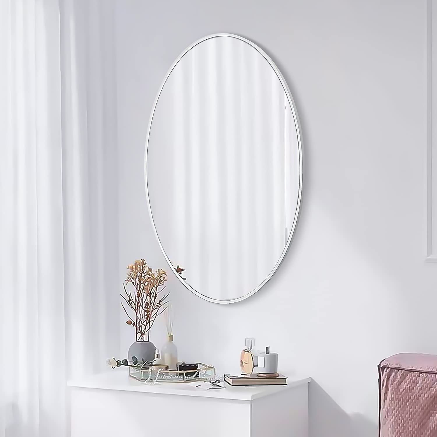 SCWF-GZ 24x16 Oval Mirror Square Full Length Wall Mounted Hanging or Against Wall Metal Frame Dressing Make-up Mirrors for Entryway Bedroom Bathroom Living Room 16 24 inch Silver