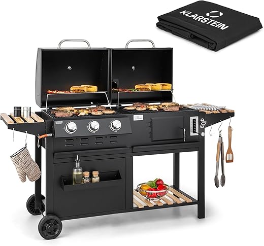 Klarstein Holzkohle Grill Groß, BBQ-Grill mit Bodenrollen, Holzkohlegrill-Wagen mit Thermometer, Wetterfester Kohle & Gas Grill, 3 Brenner Barbecue Grill, Großer Kohlegrill,…