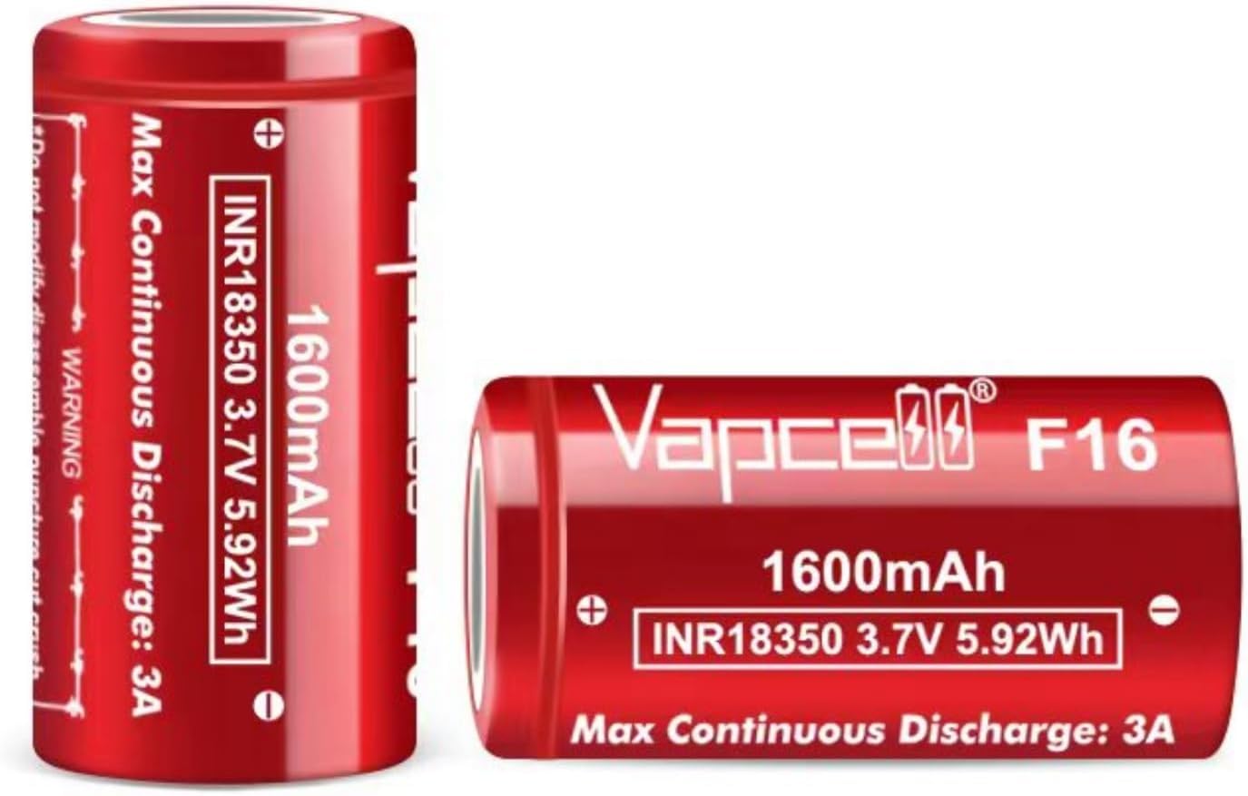 Detailed specifications for Vapcell F16 18350 1600mAh 3A battery