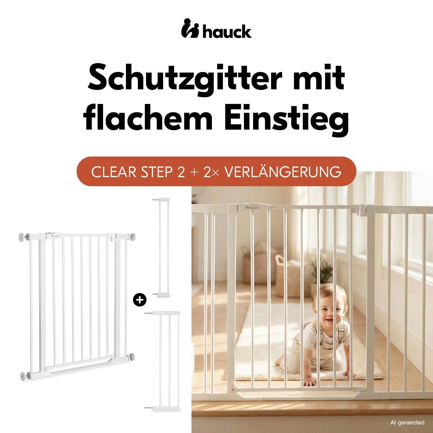 hauck Clear Step 2 + 1x9 cm +1x21cm Verlängerung, Weiß - Kinderschutzgitter Hundegitter, Verstellbare Breite 105-110 cm, 77 cm Hoch, Flacher Einstieg, Einhand Öffnung, ohne Bohren, für Innen