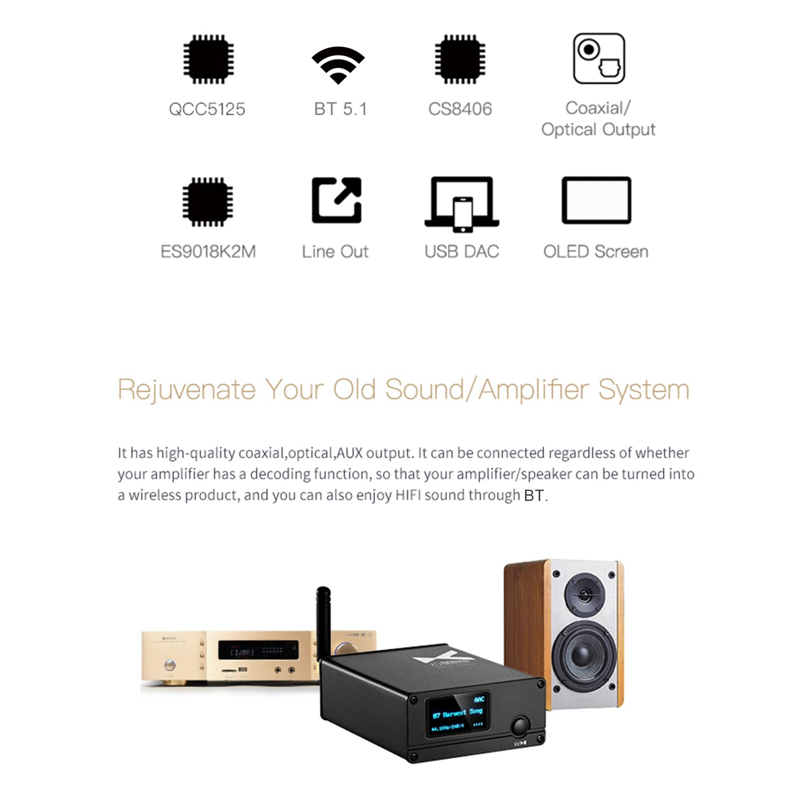 XQ-50 Pro Buletooth 5.0 Convertisseur de récepteur Audio DAC Type C HD CS8406 ES9018K2M Convertisseur de récepteur de décodeur
