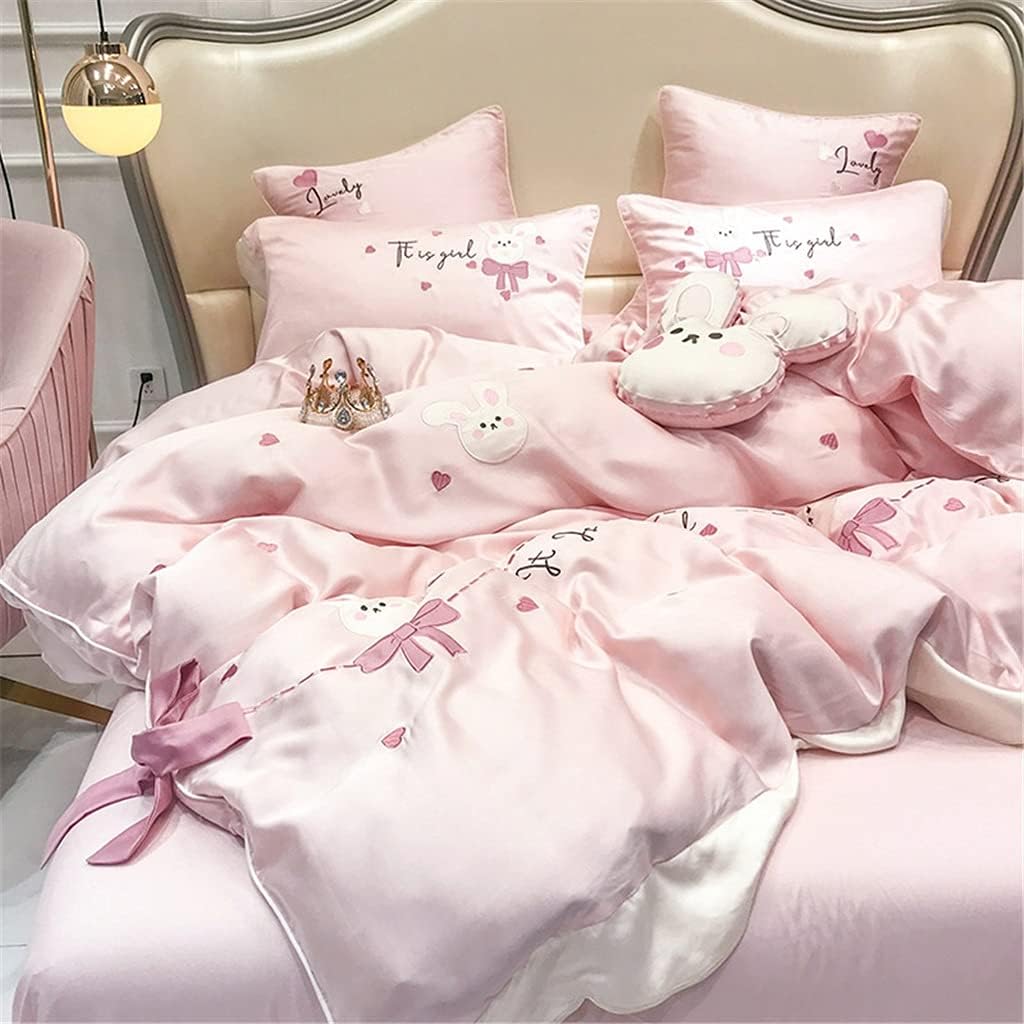 Spring and Summer Style 60 Lenzing Tencel Four-Piece Cute Bunny Duvet Cover Silky Nude Bedding (Color : 4-Piece Suit Size : 1.5m) (5 Piece Suit)