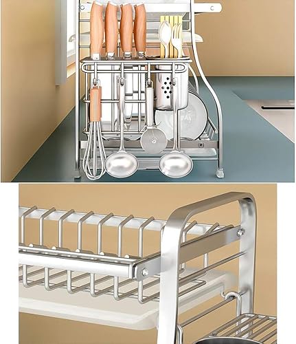 Miniatura 7 de Escurridor de platos de acero inoxidable 304, accesorios de cocina de 3 capas, estante de cubiertos de secado y lavado, 15.7 x 11.8 x 16.5 in