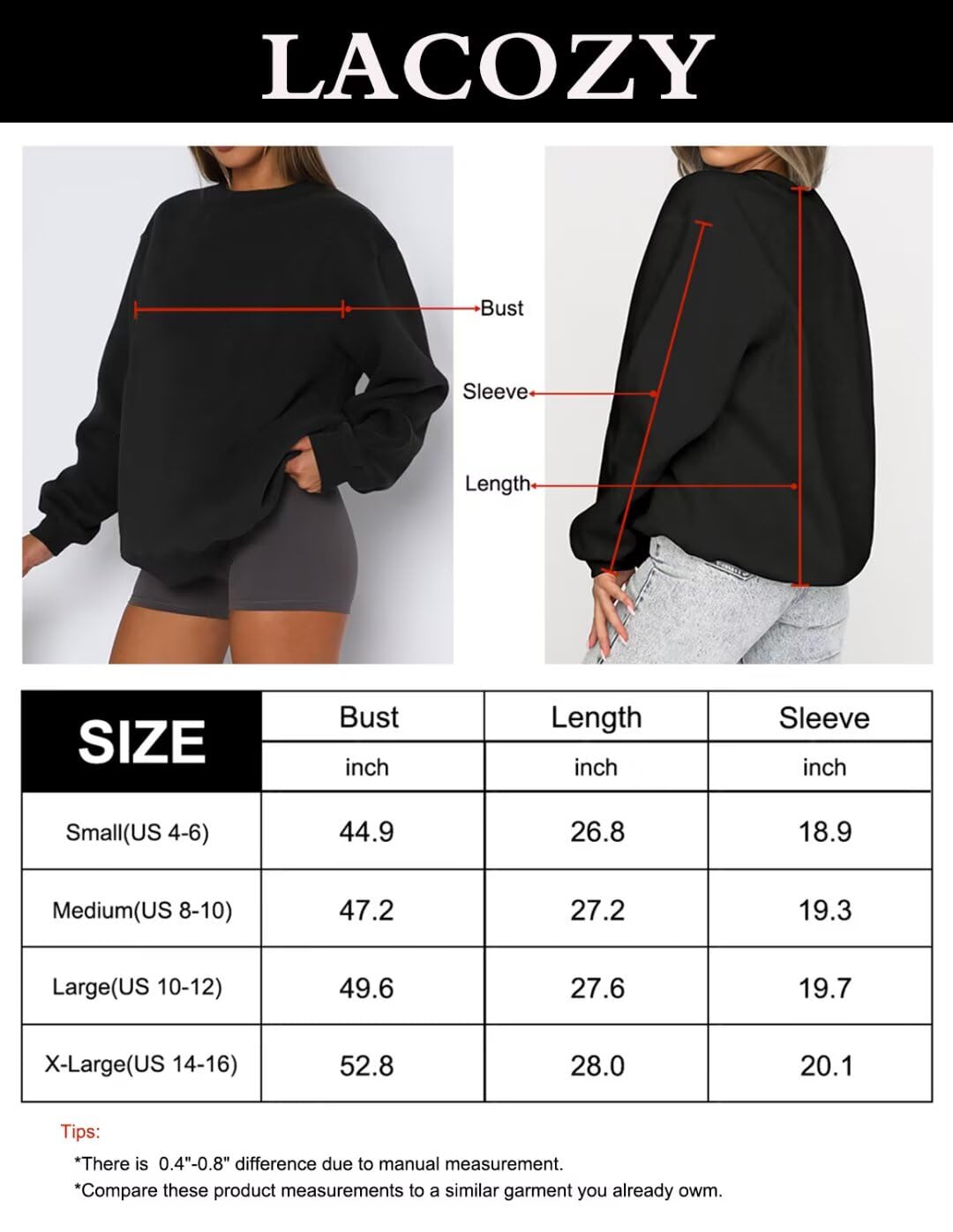 LACOZY Sudaderas de manga larga para mujer, cuello redondo, casuales, de gran tamaño, holgadas, para otoño