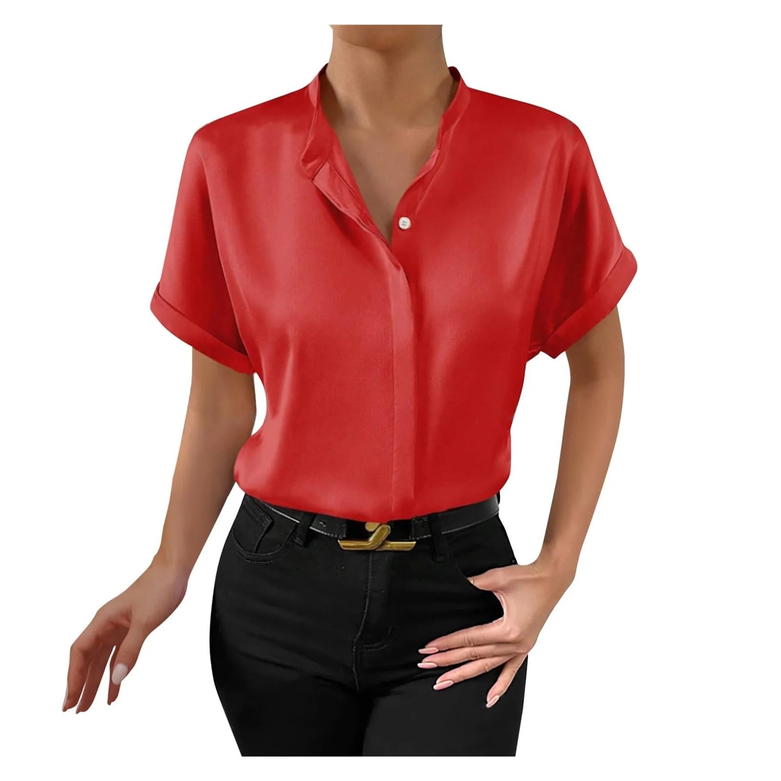 Copricostume Donna Camicia Da Donna Tinta Unita Elegante Scollo A V. Stand | Camicetta da donna for spostamenti formali a maniche corte
