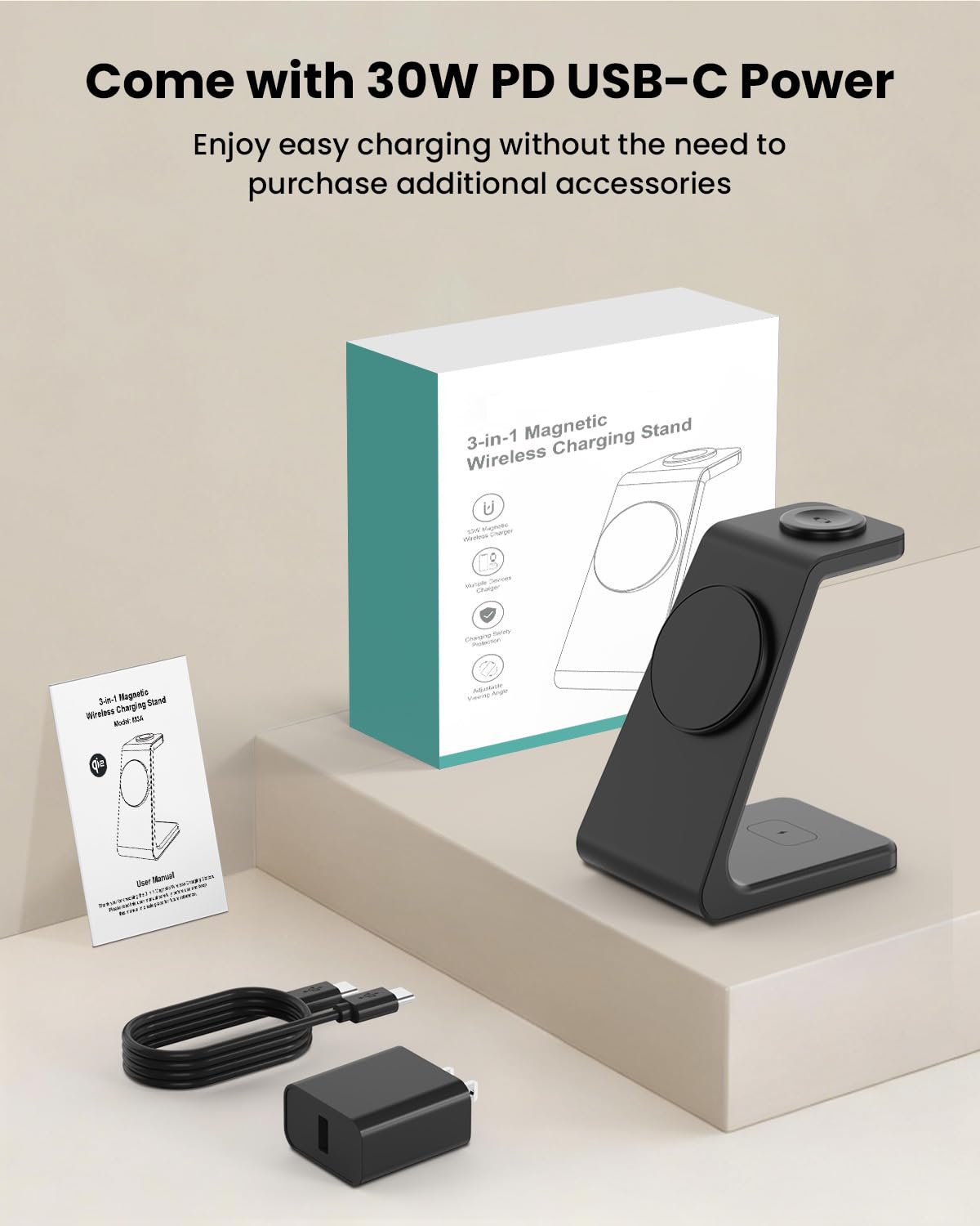 GEEKERA Station de charge sans fil 3 en 1 compatible avec MagSafe, certifié Qi2 15 W, chargeur magnétique sans fil rapide, pour iPhone 16/15/14/13/12, Apple Watch, AirPods 4/3/Pro