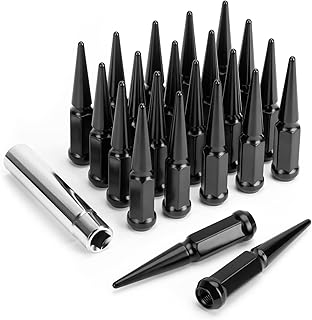 M14x1.5 Spike Lug Nuts for Chevy Silverado 1500 F-150 Ram 1500,24PCS 4.4" Tall Conical Bulge Seat 14mmx1.5 Solid Black Spiked Lug Nuts with 1 Socket Key Wheel Accessories for Sierra 1500 Expedition