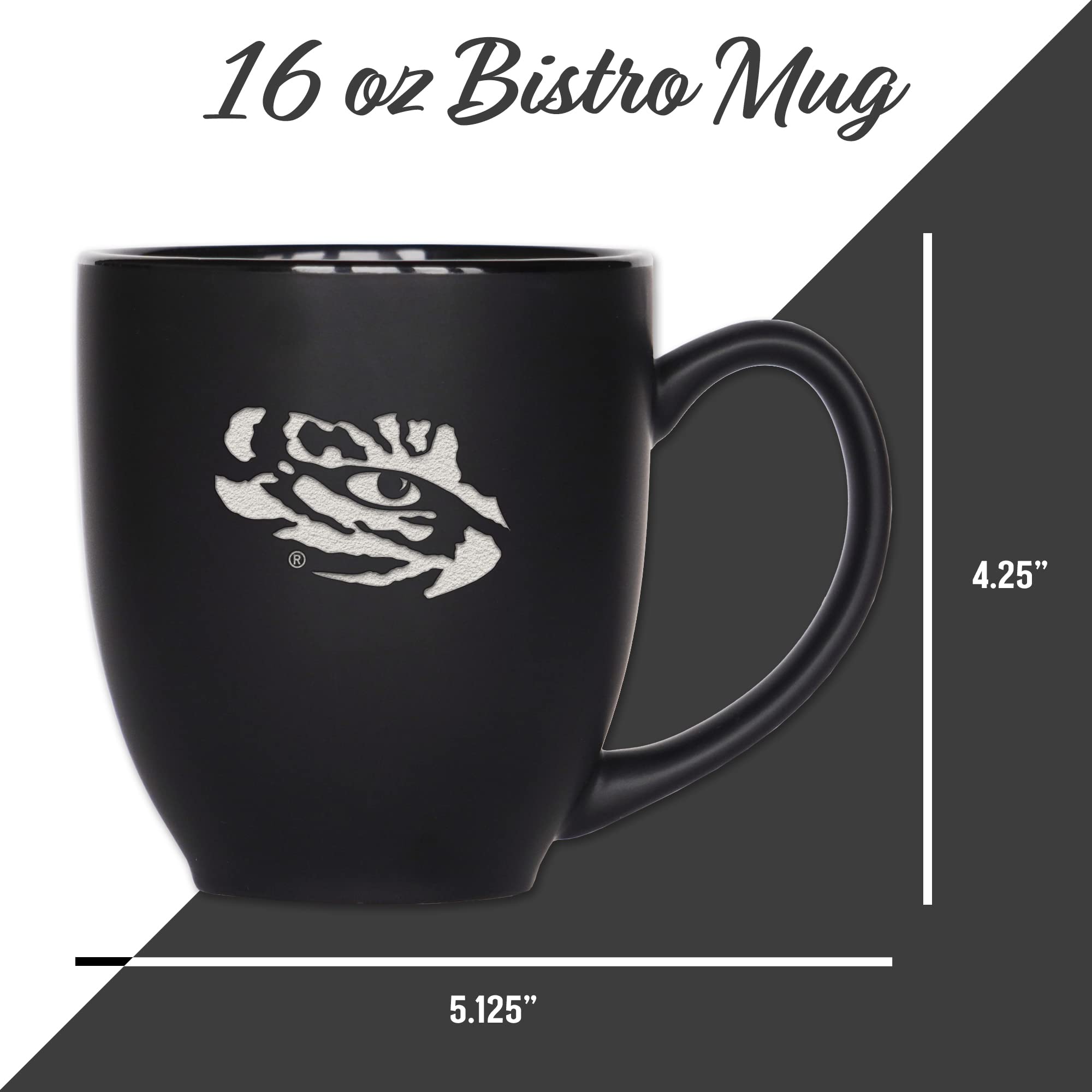 Rico Industries NCAA LSU Tigers Main - Taza bistró negra mate de 473 ml, para bebidas calientes o frías, logotipo del equipo grabado para una sensación única