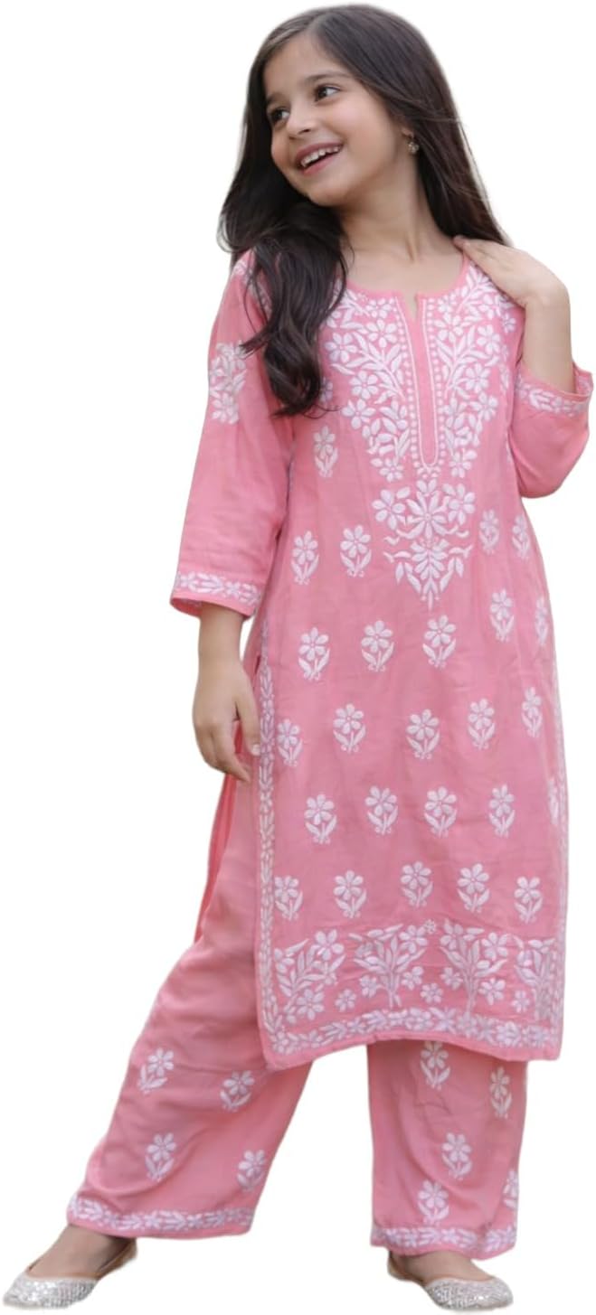 Girls Kurta Set Embroidered Chikankari Kurta with pant ethnic Indian wear- Lucknow Chikankari