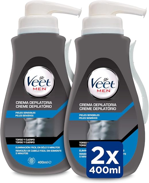 Veet Men Męski krem do depilacji klatki piersiowej Plecy Ramiona i nogi, Wrażliwa skóra, kolor szary, 400 ml (opakowanie 2)