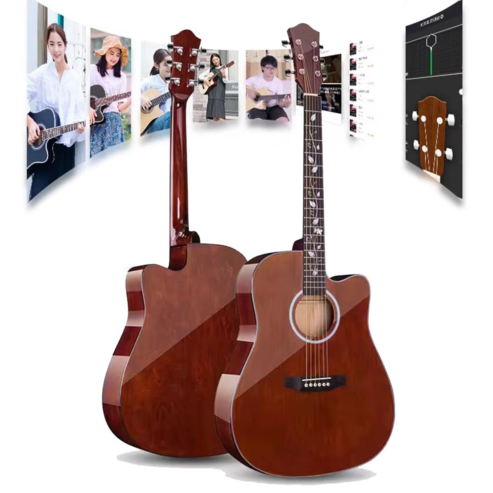 Zestaw gitar akustycznych dla początkujących dorosłych, Gitara dla początkujących o długości 41 cali, z pokrowcem, paskiem, strunami stalowymi, kostkami i kapodastrami,Brown,41