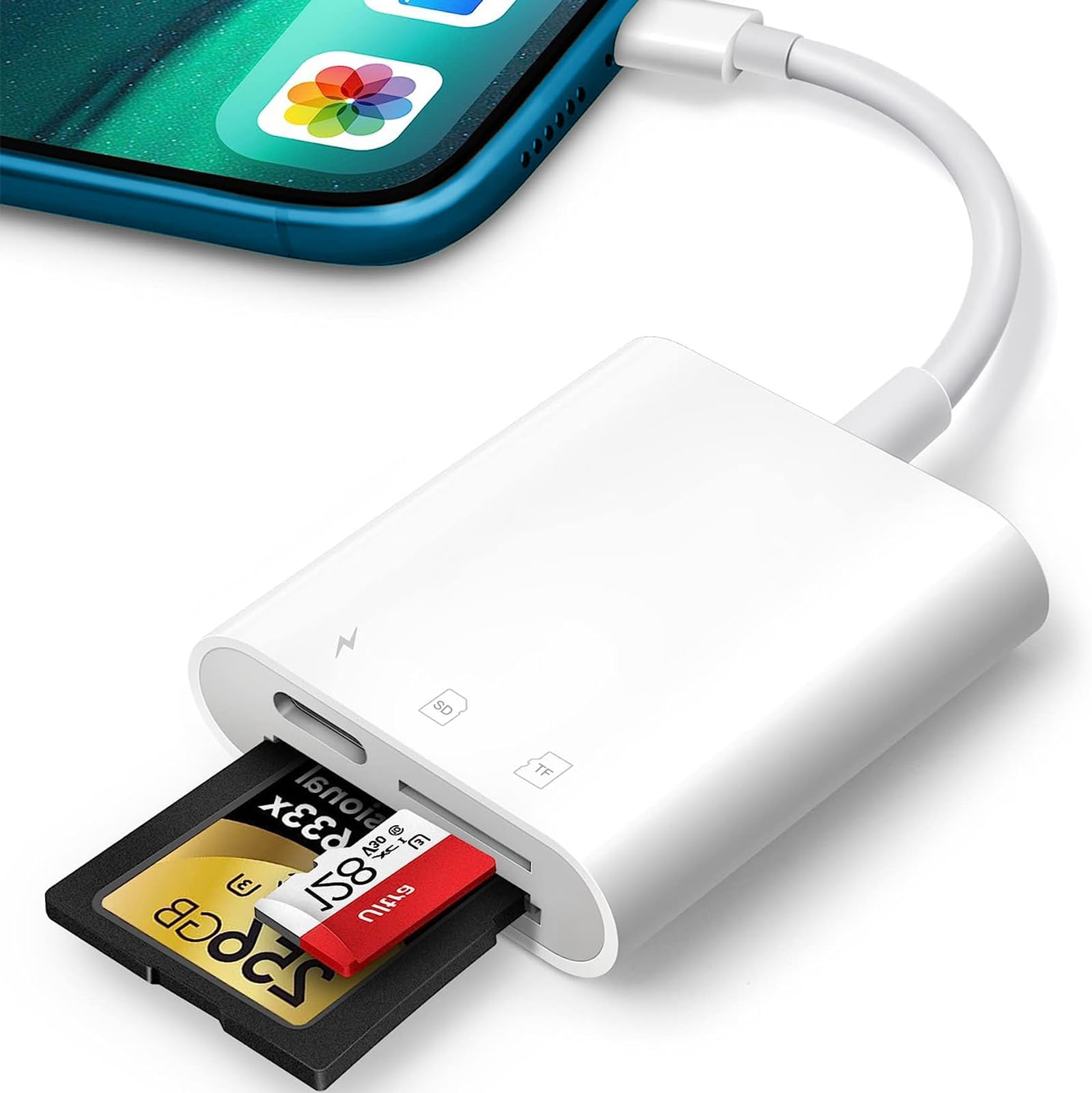 – SD Card Reader for iPhone iPad, Oliveria Trail Game Camera 2 in 1 SD Card Viewer with Dual Slot for MicroSD/SD, Photography Memory Card Adapter, Simultaneous Charging and Card Reading, Plug and Play