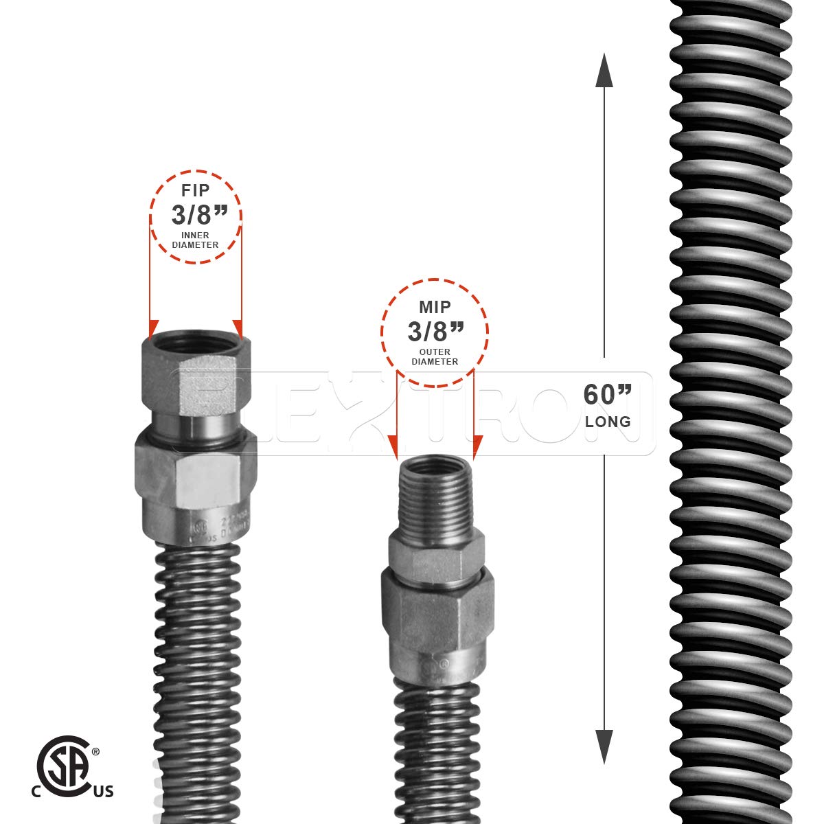 Highcraft GUHD-TT14-60J Gas Line Hose 3/8'' O.D. x 60'' Length with 0.38 in. FIP x MIP Fitting, Uncoated Stainless Steel Flexible Connector