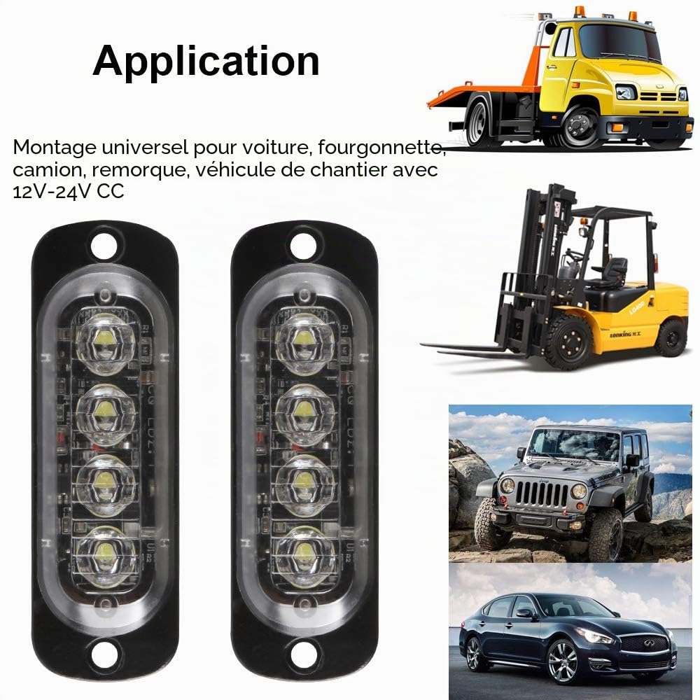4pcs 12-24V Ultra Mince Voyant Barre D'alarme Stroboscopique d'urgence Lampe- 4 LEDS Bande lumineuse D'avertissement de Flash Camion Moto Voiture - Blanc