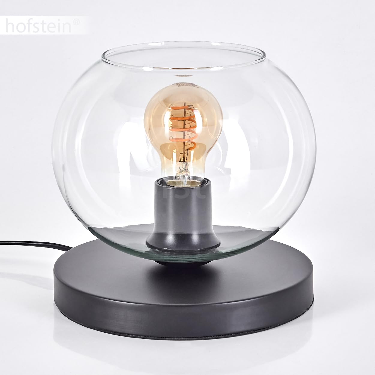 Tischleuchte Apedo, Tischlampe aus Metall/Glas in Schwarz/Klar, Leuchte im modernen Retro/Vintage-Design mit Schirm aus Glas (Ø 20 cm) u. An/-Auschalter am Kabel, 1 x E27, ohne Leuchtmittel