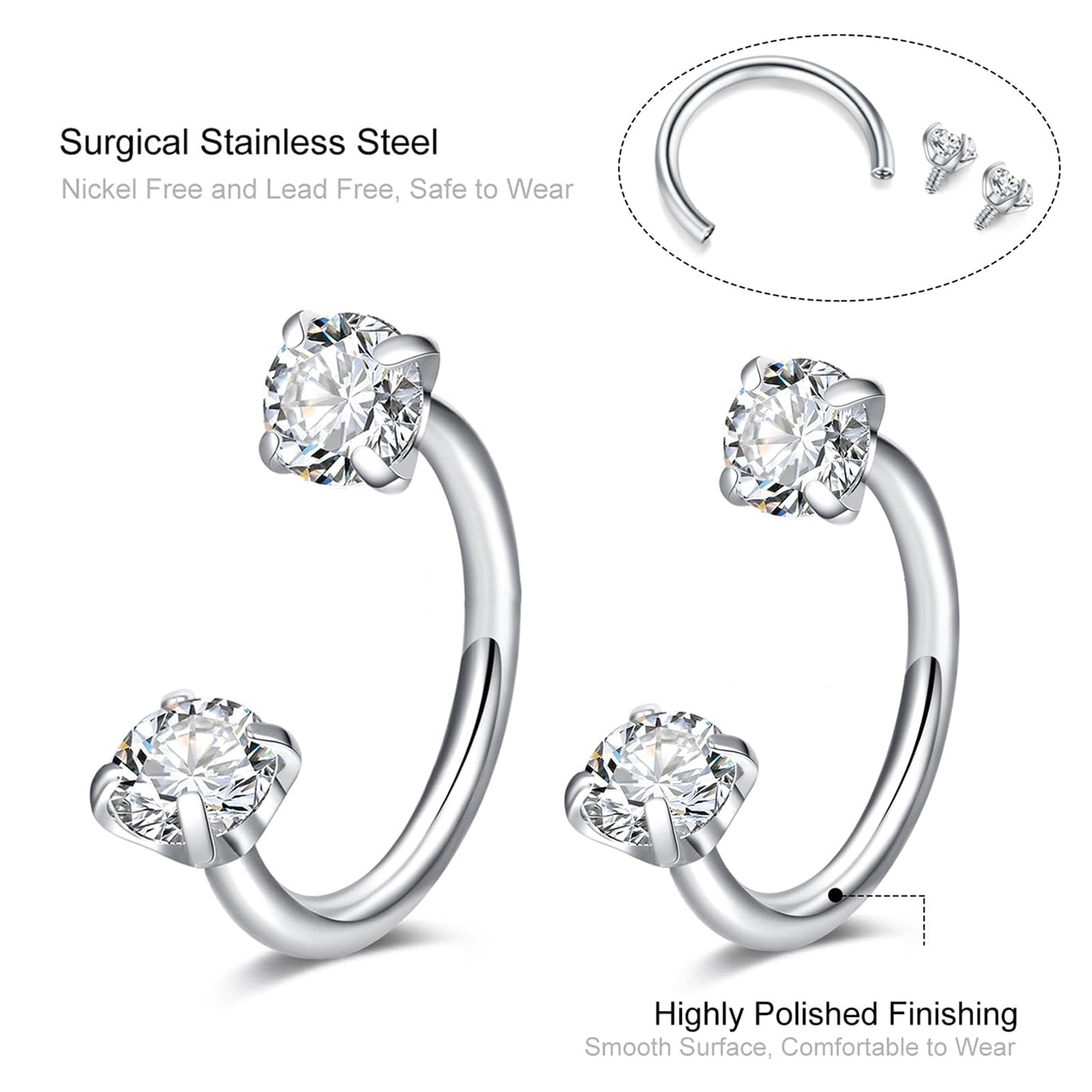 Nymora Anillo de Nariz de Plata 18G 3 Piezas (6mm 7mm 8mm) Piercing de Herradura de Circonio, Anillo de Piercing de Labios y Anillo de Helix con Herramienta de Agarre para Mujeres — view 3