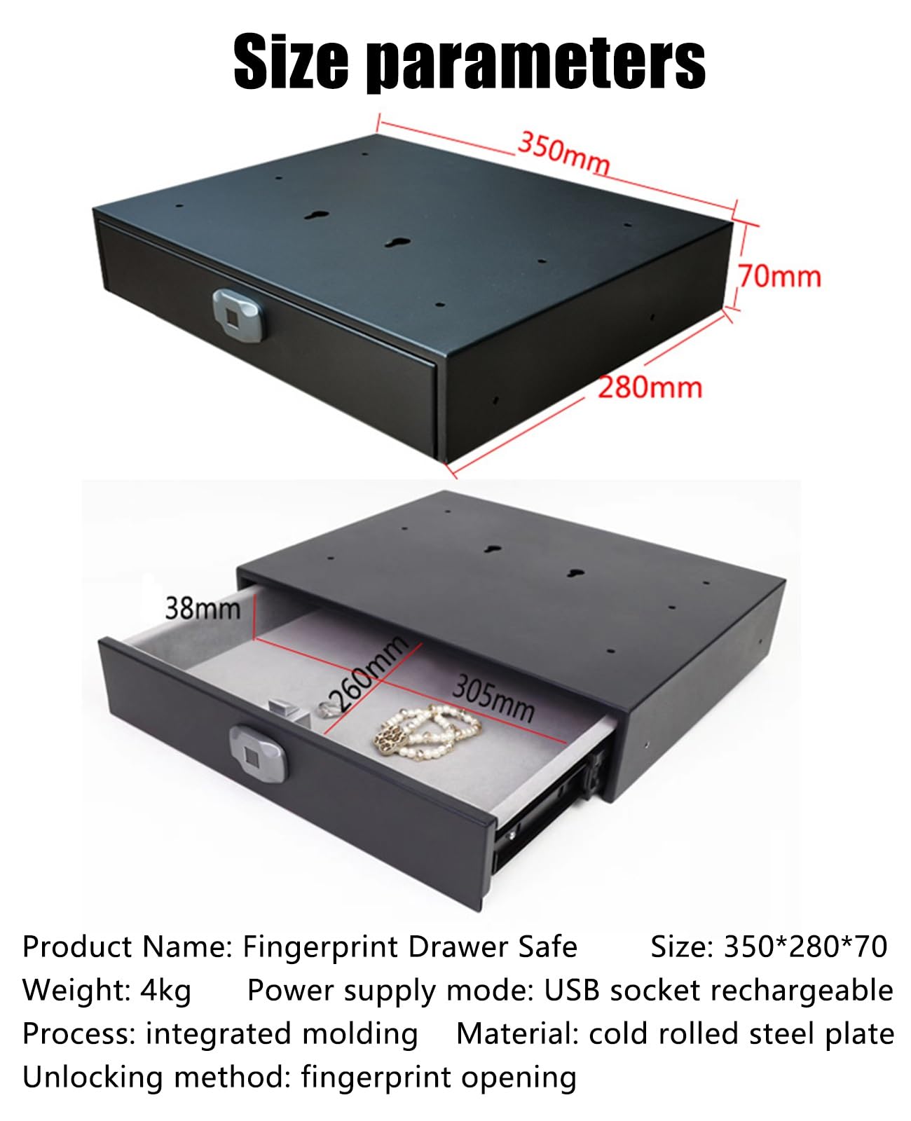DYK&NX Cassaforte per Impronte Digitali Cassetto, Cassaforte Elettronica con Identificazione delle Dita, installare mimetizzata sul Fondo dell'Armadio, per Oggetti di Valore