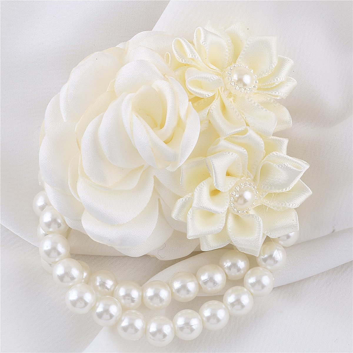 HXSCOO Ivory Cream Silk Flower Girl Bridesmaid Wedding Wrist Corsage Wedding Party Proom Hand Flower Pearl Wristlet Band Bracelet