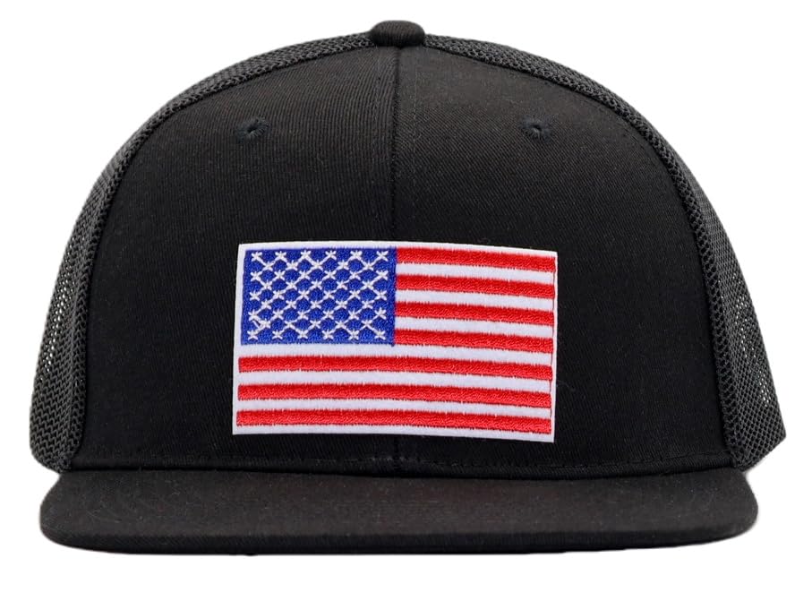 Image of Men Flat Bill USA Flag Mesh Hat Fits OSFM&XXL Head | Snapback Trucker Cap | 250th US Anniversary Veterans Memorial Day Gifts