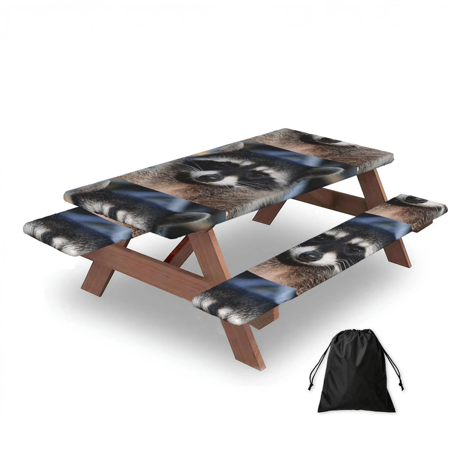 Dopklna As Picture Little Raccoon Face, Picnic Table Cover With Bench Covers -Waterproof Elastic Fitted Tablecloth For Garden Camping Patio 76X152cm