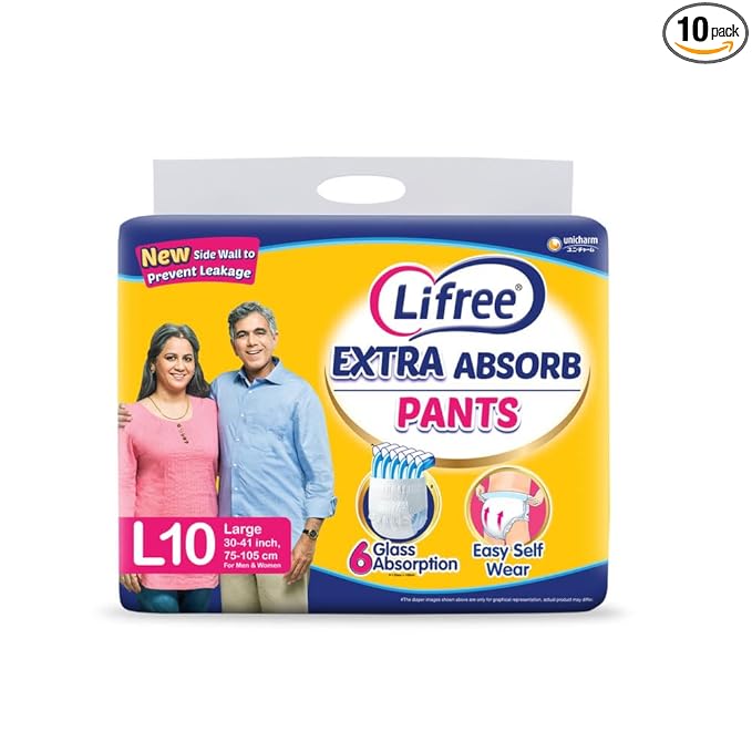 Lifree Extra Absorb Adult Diaper Pants Unisex, Large size 10 Pieces, Waist size (75-100 cm | 30-41 Inches) (New version) at Rs. 357