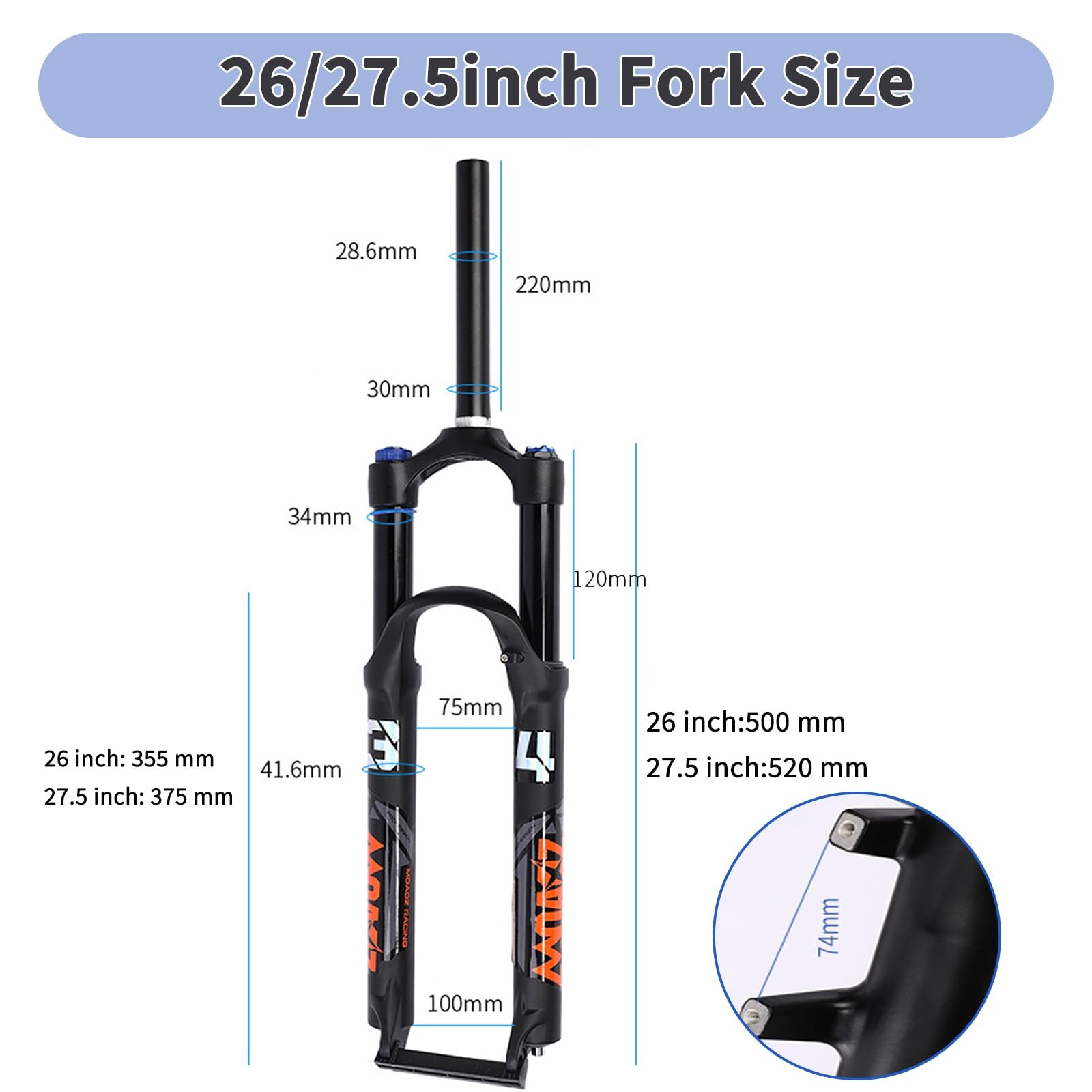 Zawieszenie roweru górskiego 26/27,5 cala widelec pneumatyczny 120 mm 1-1/20.3 cm prosty hamulec tarczowy przedni QR 9 mm blokada ręczna