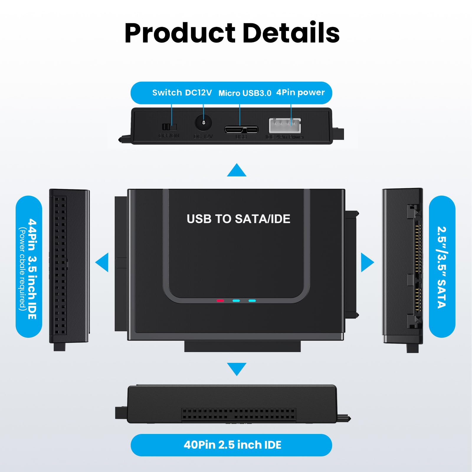 Adaptador USB 3.0 a IED SATA, convertidor de lector de disco duro externo SATA adaptador USB para HDD SSD de 2.5 pulgadas y 3.5 pulgadas con adaptador de corriente de 12/2 A