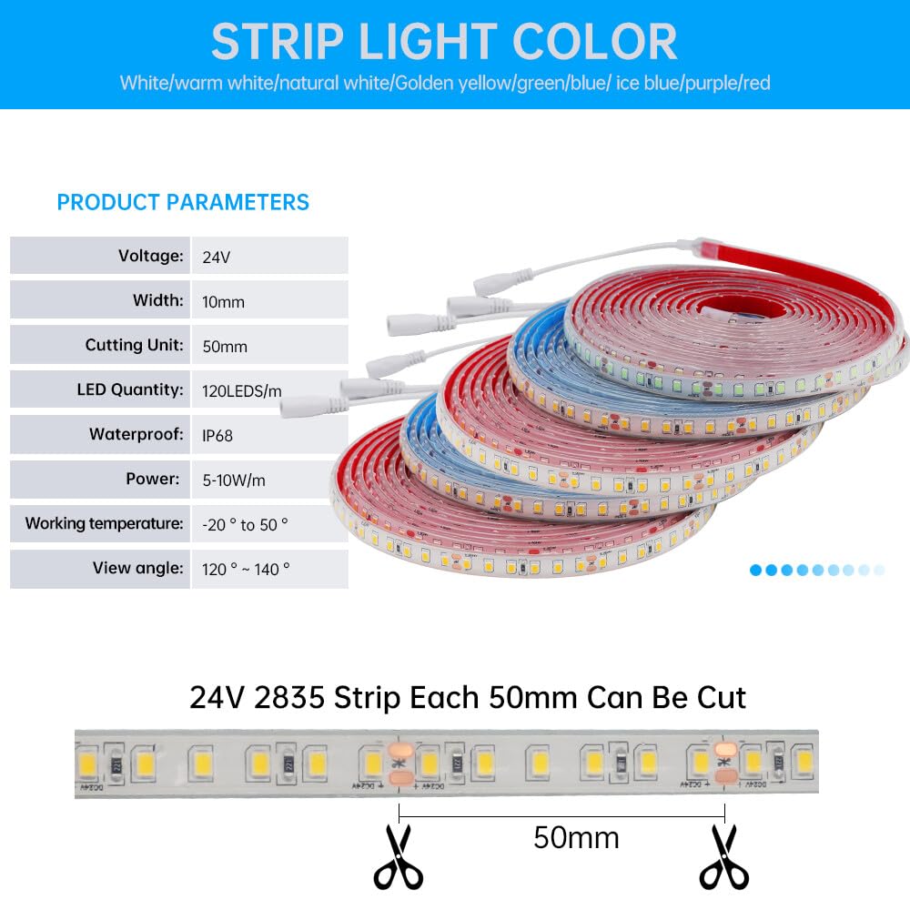 Tira de LED 24V [20m, Amarillo], IP68 Impermeable flexible, SMD2835, 120 LED/m Tira de LED cortable CRI85+, decoración para hogar y tiendas - sin fuente de alimentación