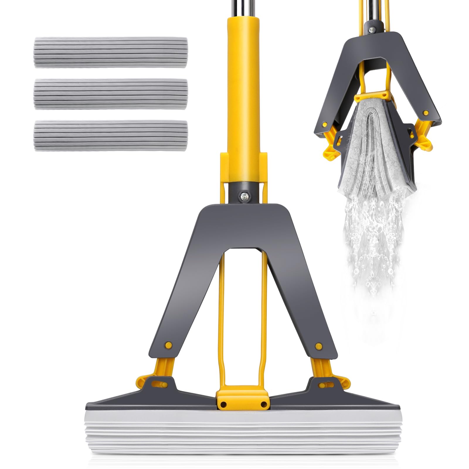 Masthome Fregona de Esponja con Mango de 130 cm, Fregona Absorbente con 3 Cabezas de Esponja, Esponja para Limpieza del Suelo, Mopa Fregona para Baldosas, Laminado, Limpieza de Suelos de Madera Dura