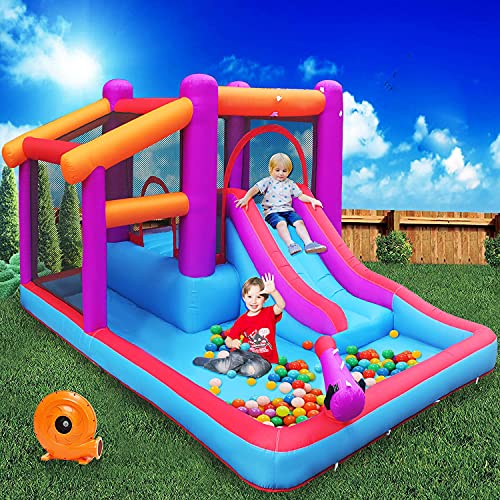 MEIOUKA Kid Inflatable Bounce House with Blower Splash Water Gun Pool Water Slide Jump Bounce Houses for Kids Toddlers Bouncy Jumping House Backyard Indoor Outdoor Water Pool Inflatable Bouncer Castle