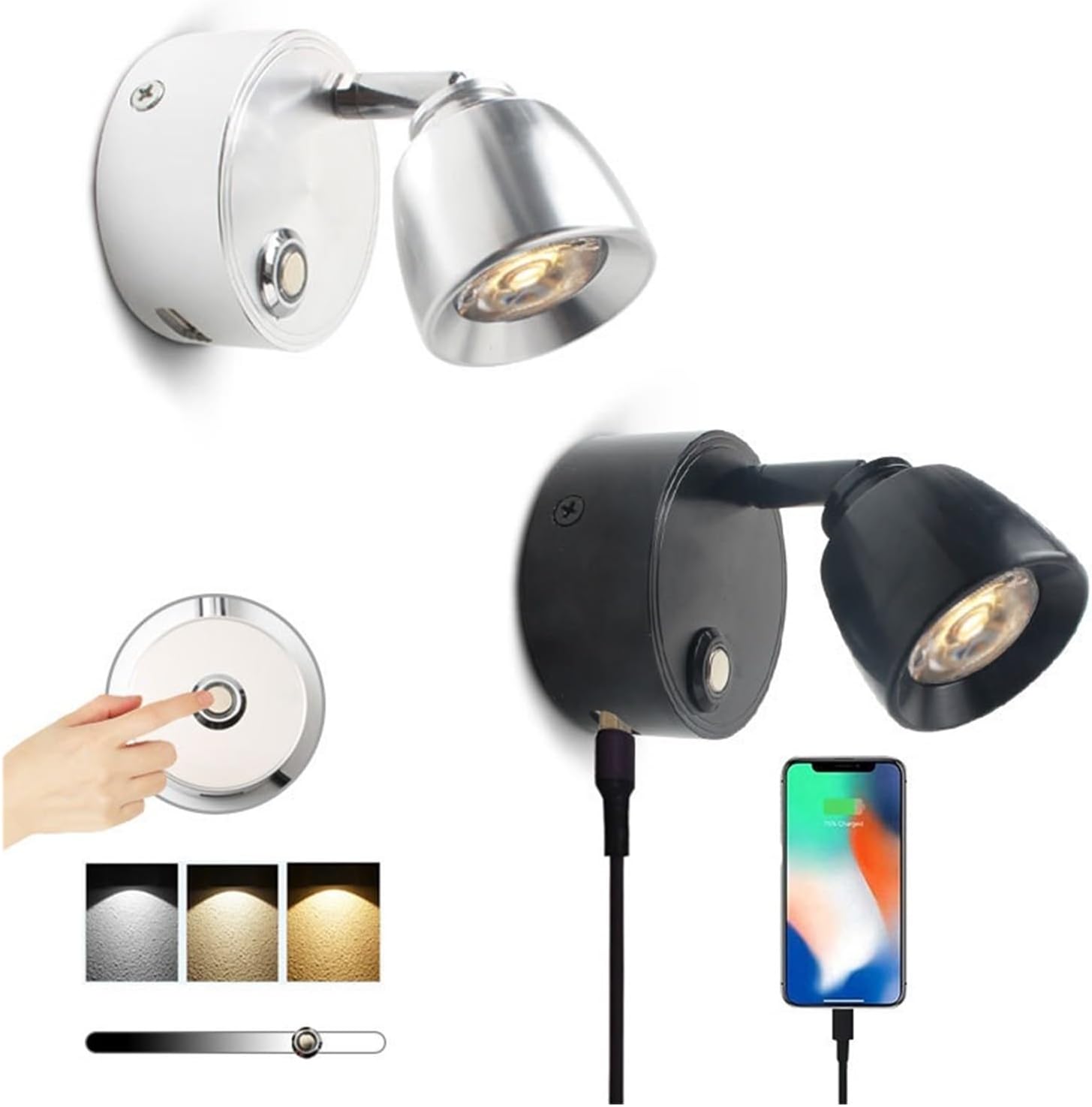 12V10-30v Touch dimming RV lamp Home Bedside Reading lamp USB Charging Port(DC12 24V Silver,Warm White)