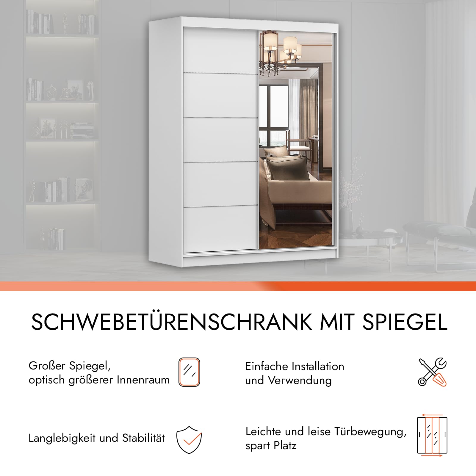 Fabryka Mebli Idźczak Kleiderschrank mit Spiegel, Schwebetürenschrank, Schlafzimmerschrank - ‎61 x 150 x 200 cm - Schrank für Schlafzimmer, Ankleidezimmer, Garderobe - Imoebel24