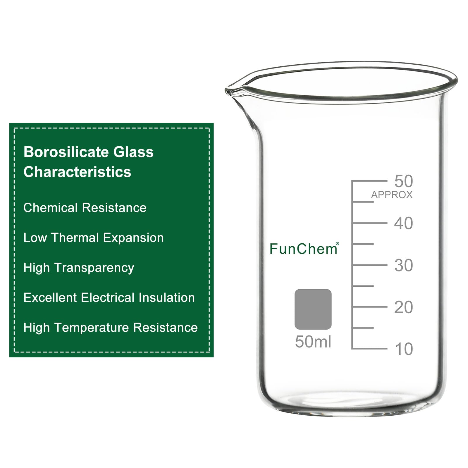 FunChem Lot de 1 gobelet en verre borosilicate gradué avec bec verseur 50 ml