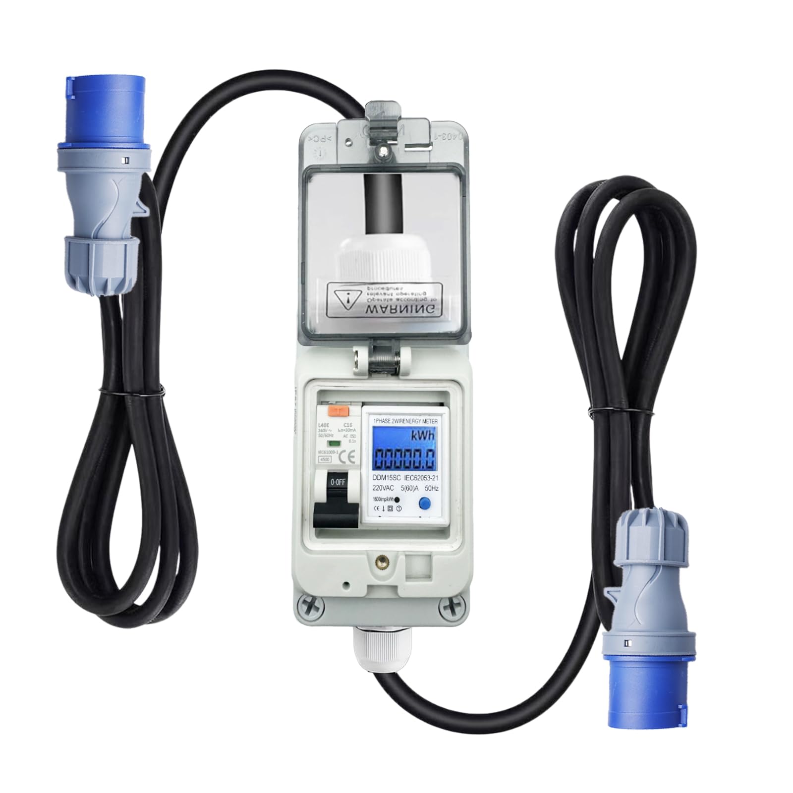 GAOUTO Medidor de corriente digital portátil, 230 V, 16 A, con interruptor de protección FI, medidor de energía, contador de corriente con carcasa IP67