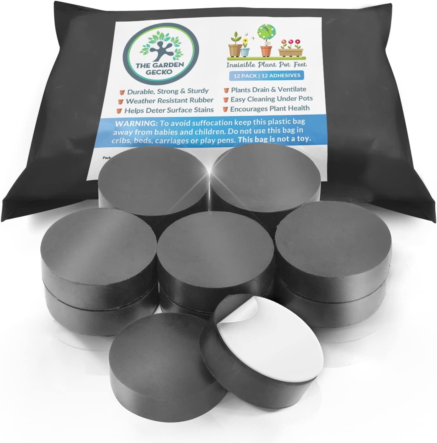 The Garden Gecko Invisible Pot feet for Outdoor Plant pots and Flowers Solid Rubber Pot risers with Enhanced Non-Slip Surface Grip | Taster 12 Pack + 12 Strong SELF-Adhesive Pads