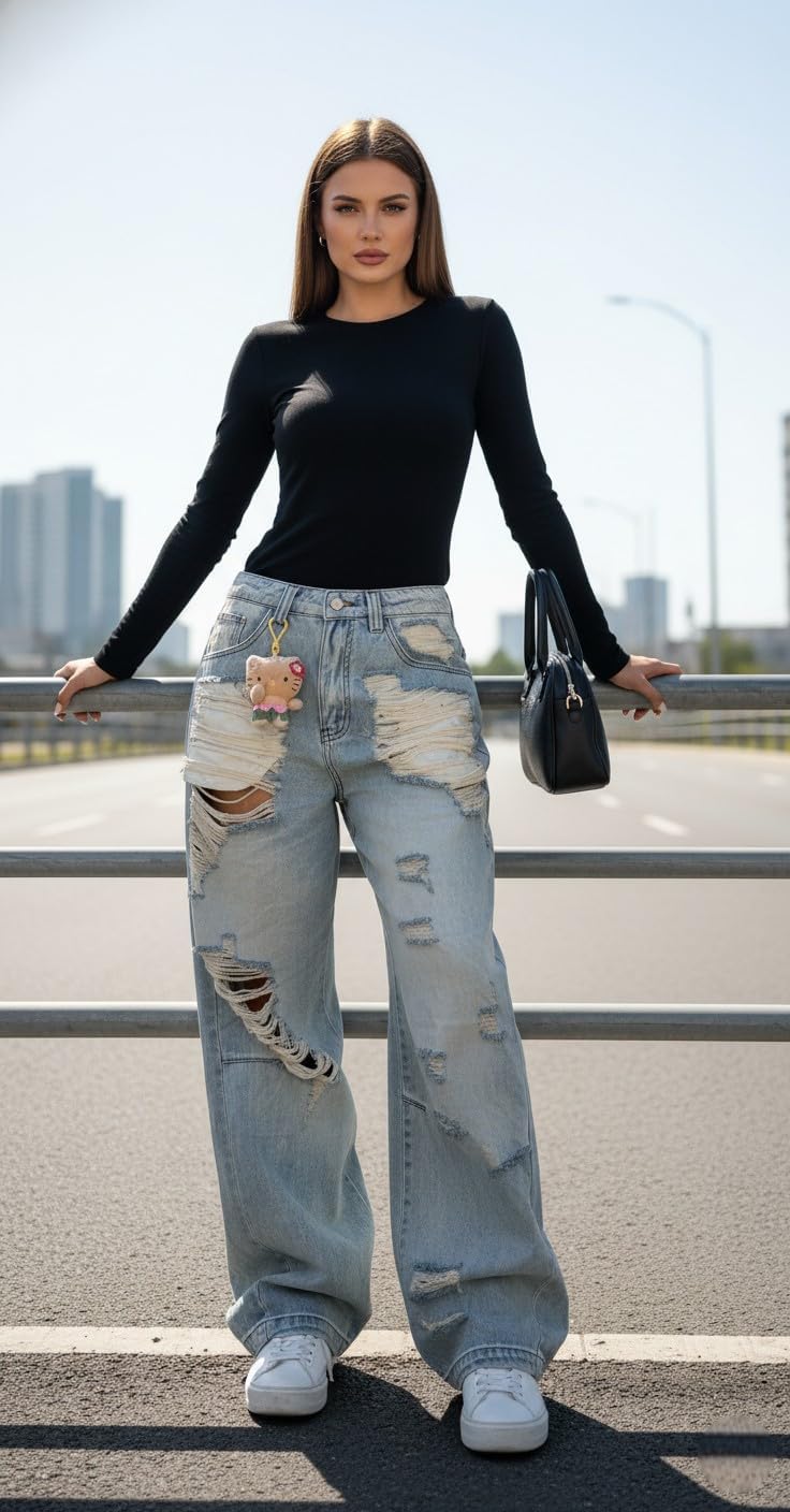 Women Ripped Jeans Low Waist Baggy Distressed Denim Jeans Boyfriend Wide Leg Dad Jeans Streetwear American Retro