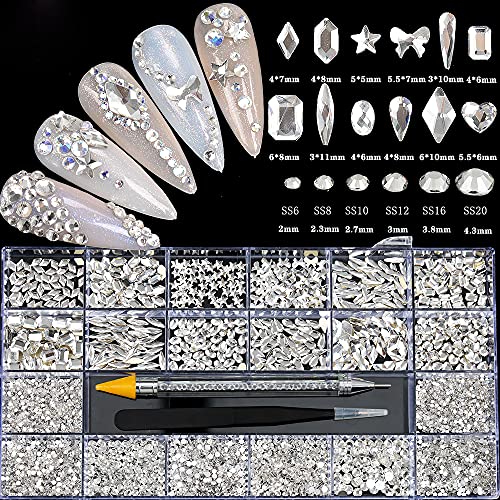 Crystal Rhinestones for Nails Set 4900Pcs,Round & Multi-Shape Glass Nail Decorations, Nail Art Accessories Flat Back Gems White Diamonds Clear Crystal,with Wax Pen and Tweezers