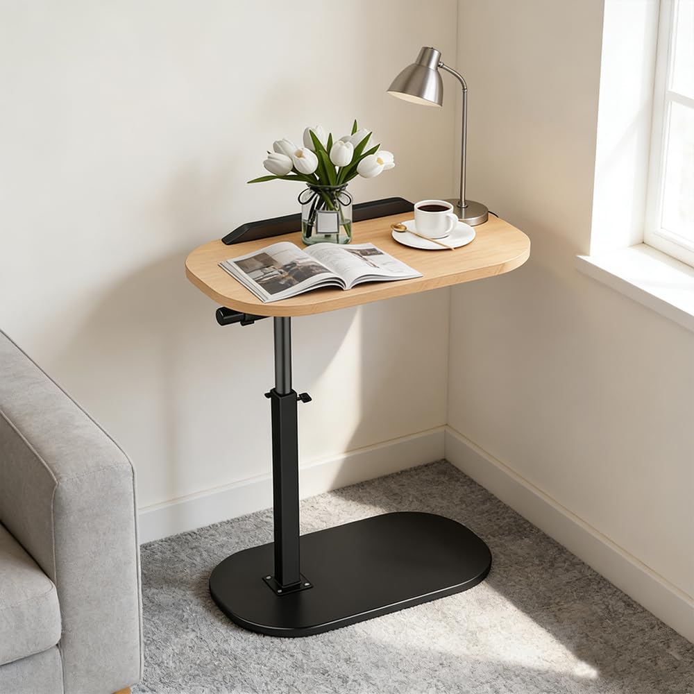 Ulafbwur Wooden Color C Shaped End Table Small Side Table Adjustable Height Slim 360 Degree Swivel Tv Tray Tables, Reversible Small Couch Desk