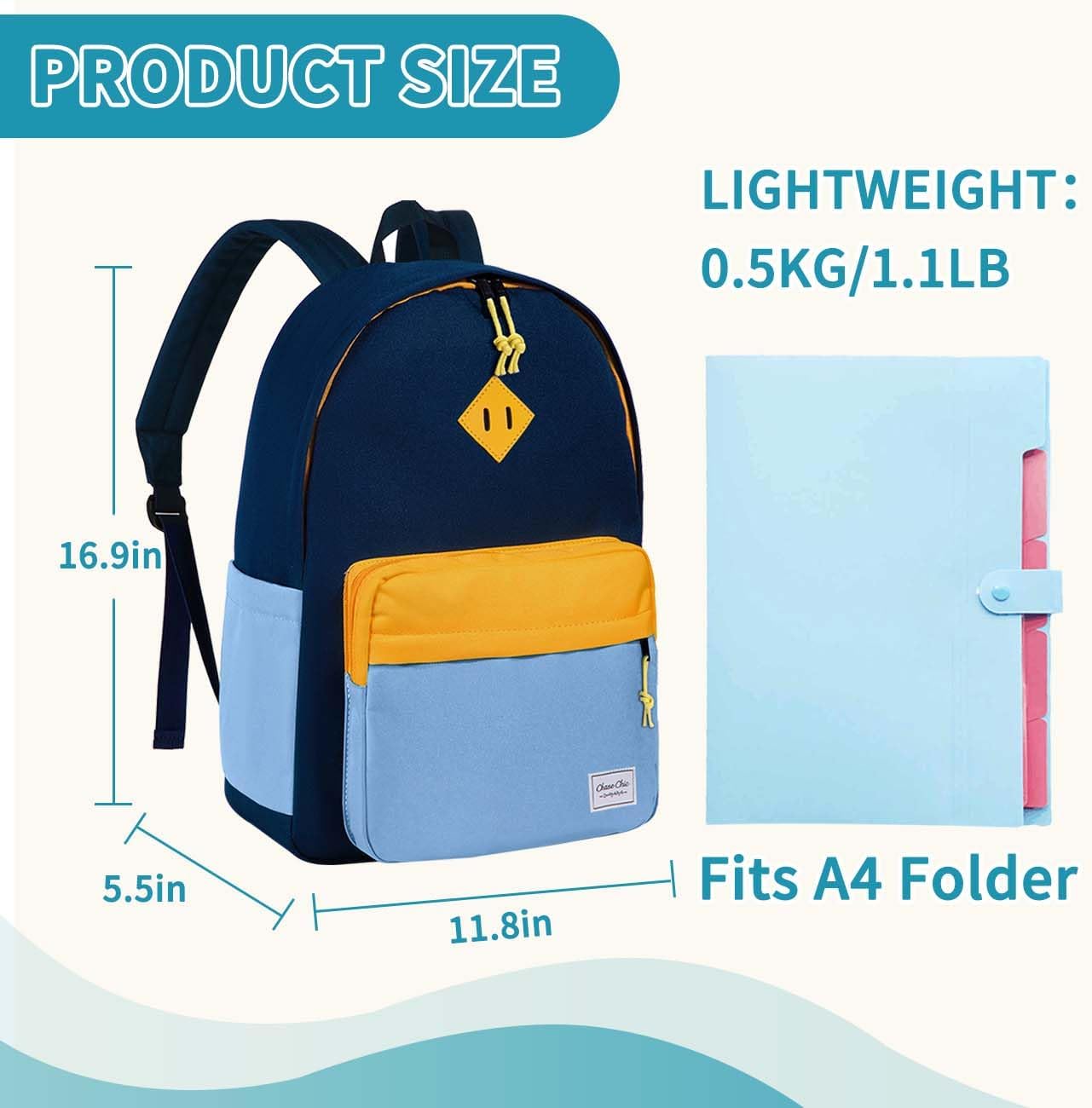 Chase Chic Kids Backpack for Girls - 17 inch School Backpacks for Toddler Fits 6 to 12 Years Old - Lightweight Water Resistant Preschool Bookbag for Travel Daycare (Light Blue) - Image 2